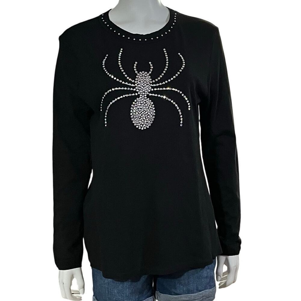 Central Park West Spider Rhinestone Sweatshirt Black Long Sleeve Top Size XL - Picture 2 of 11